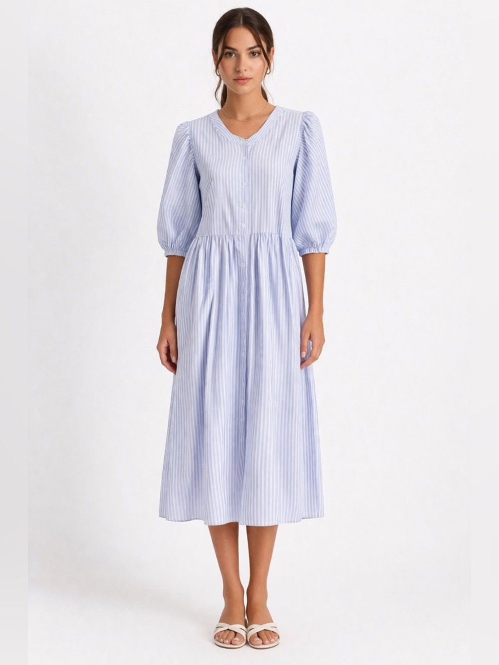 Blue Stripe Midi Dress Puff Sleeve Cotton Blend Size 36 Small